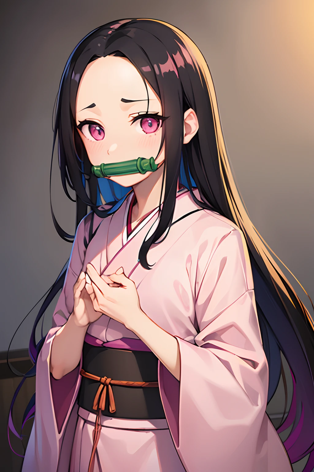 kamado nezuko, 1girl, bamboo, bit gag, brown hair, checkered sash, gag, gagged, gradient hair, hair ribbon, haori, japanese clothes, kimono, long hair, looking at viewer, multicolored hair, orange hair, pink eyes, pink kimono, pink ribbon, ribbon, solo, upper body,   ((masterpiece))  <lora:kamado_nezuko_offset:1>