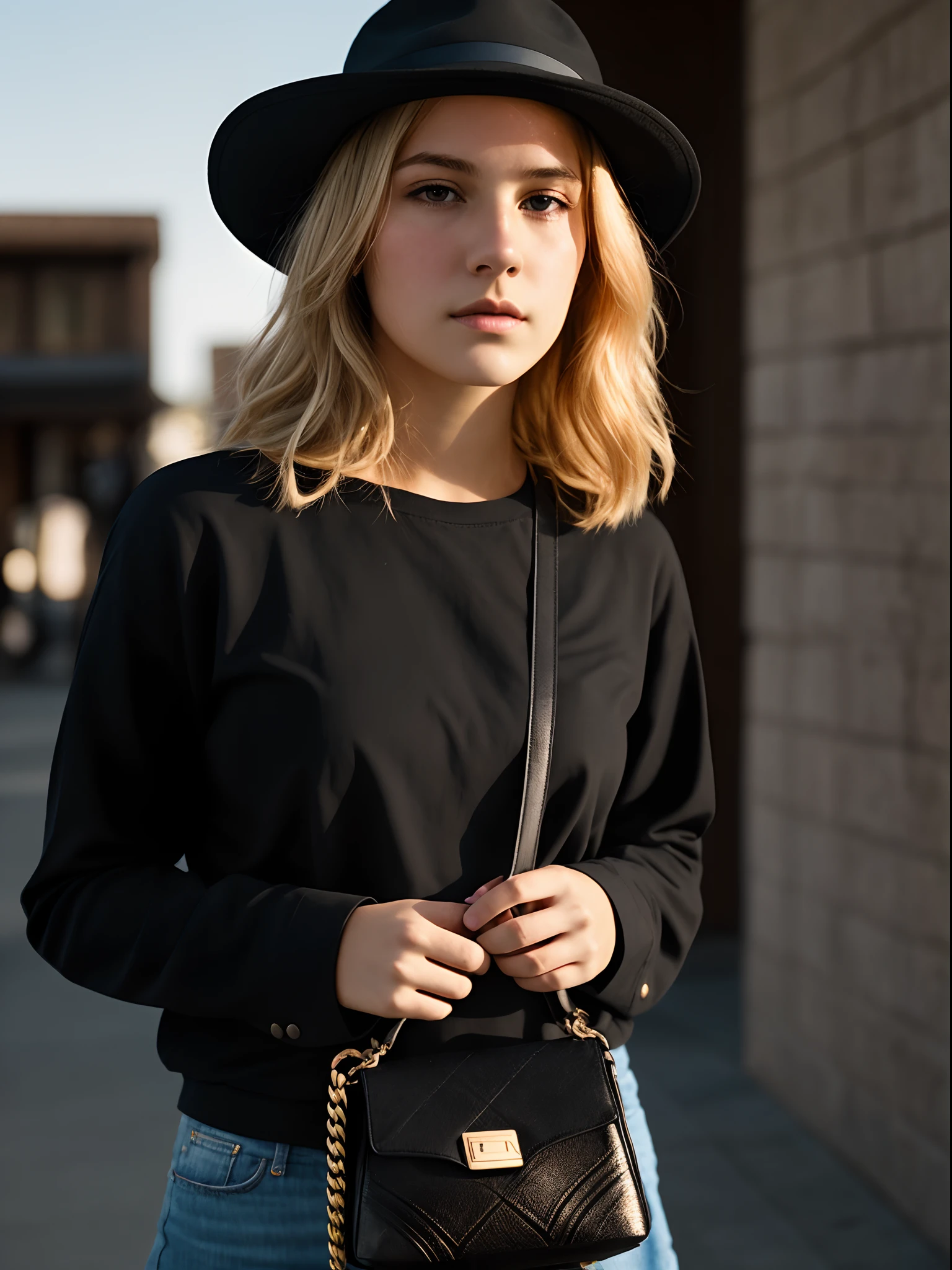 A high-resolution, cinematic, clear-colored image of a girl with blond hair and black eyes, middle-aged, 25 years old, wearing a black men’s hat, standing carrying a small women’s bag.