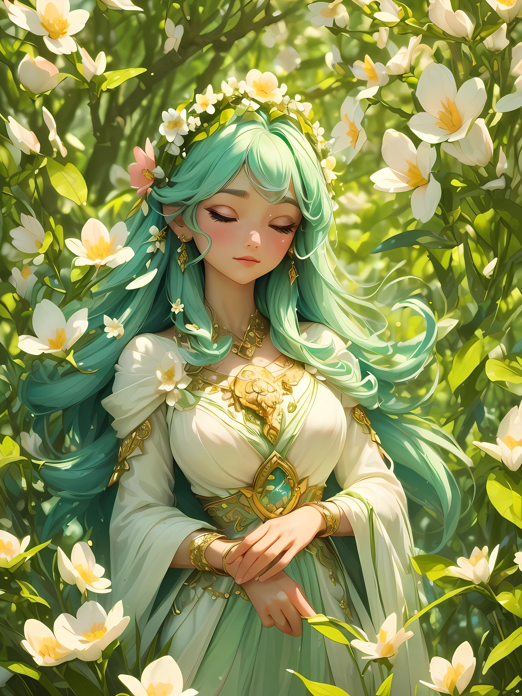 ((A mesmerizing portrayal of the goddess of spring, embodying the essence of renewal, rebirth, and the awakening of nature.)), ((captures the grace and vitality of the goddess as she ushers in the season of spring.)), (depicted amidst a lush and vibrant springtime landscape, surrounded by blooming flowers, fresh greenery, and the soft glow of sunlight.)) (((capture her enjoying the mesmerizing spring.))), emphasizes the beauty of nature and the goddess's connection to it, creating a visually captivating representation of the spirit of spring. very detailed, high graphics, best quality, 8K