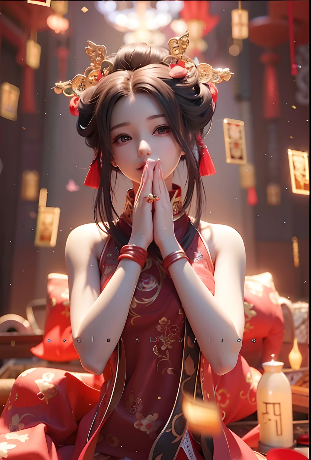 Anime girl in red dress praying in room with oriental decorations, trending on cgstation, Guviz-style artwork, Guviz, trending at cgstation, guweiz masterpiece, 🌺 CGSesociety, Palace ， A girl in Hanfu, Anime style. 8K, Beautiful digital artwork, Rosla global lighting, anime styled 3d
