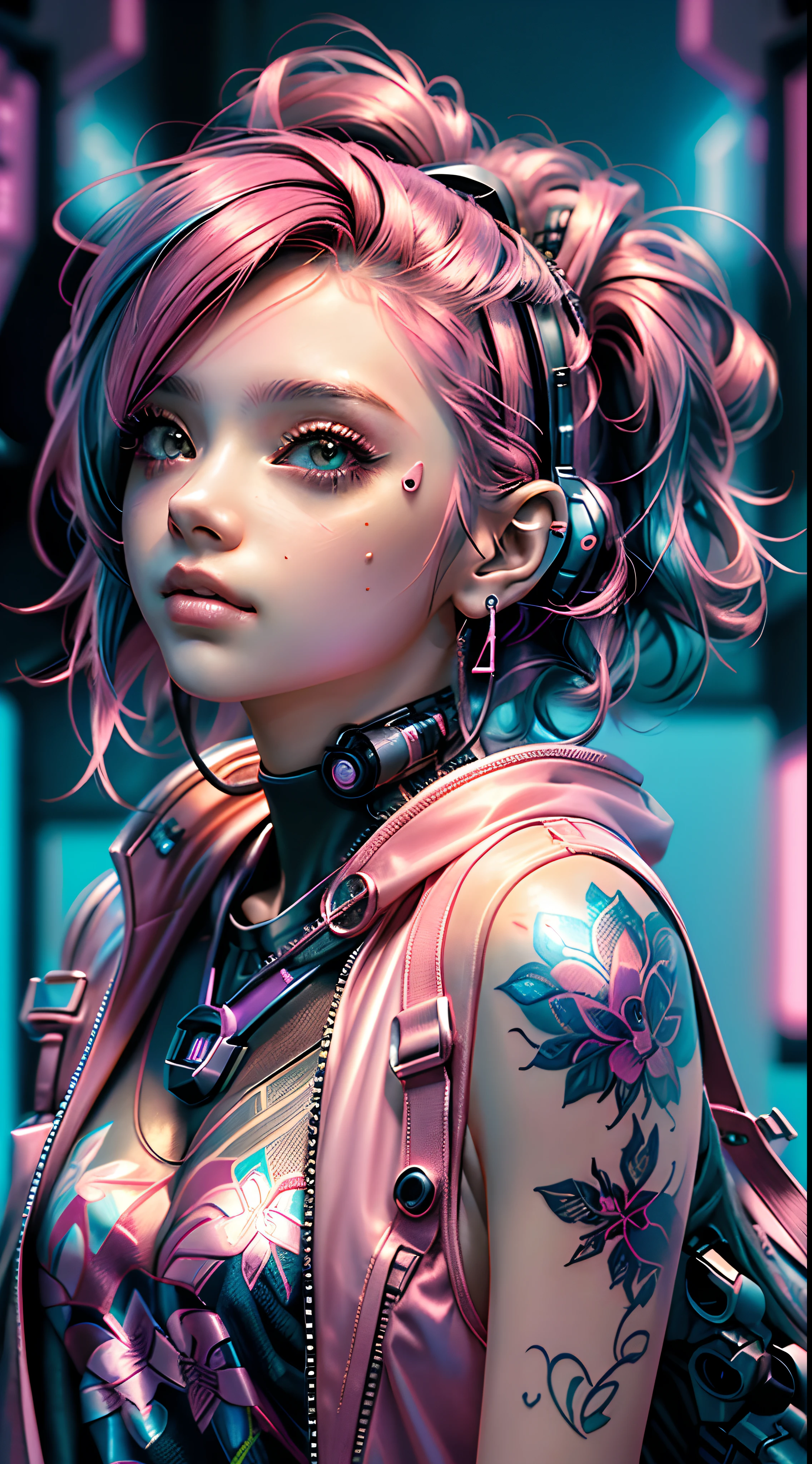  com cabelo rosa e tatuagens no rosto, estilo cyberpunk hiper-realista, meninapunk sonhadora, estilo cyberpunk ， hiper-realista, estilo anime. 8k, arte cyberpunk ultrarrealista 8k, menina bonitcabelo rosa curto, no estilo cyberpunk, cyberpunk menina bonita, phoistic anime girl rendering, cara bonita da menina cyberpunk, cor esyberpunk, garota anime cyberpunk