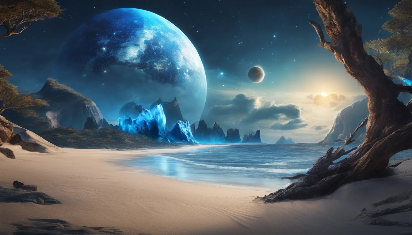 huge planet, the night, starrysky, surrealism, masutepiece, hight resolution、Impressive Milky Way:1.9、sand beach、Vast blue ocean、Blue glacier、lightning bolt:1.9、Protoplanets