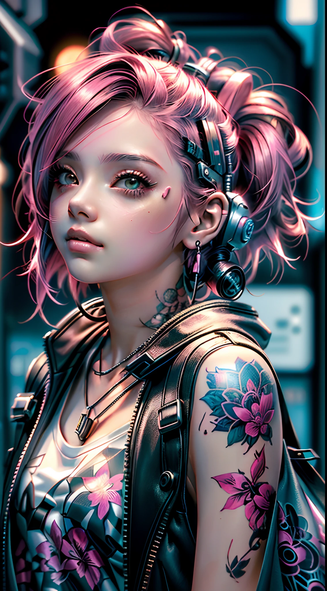 Menina com cabelo rosa e tatuagens no rosto, estilo cyberpunk hiper-realista, menina cyberpunk sonhadora, estilo cyberpunk ， hiper-realista, estilo anime. 8k, arte cyberpunk ultrarrealista 8k, menina bonito com cabelo rosa curto, no estilo cyberpunk, cyberpunk menina bonita, photorealistic anime girl rendering, cara bonita da menina cyberpunk, cor estilo cyberpunk, garota anime cyberpunk