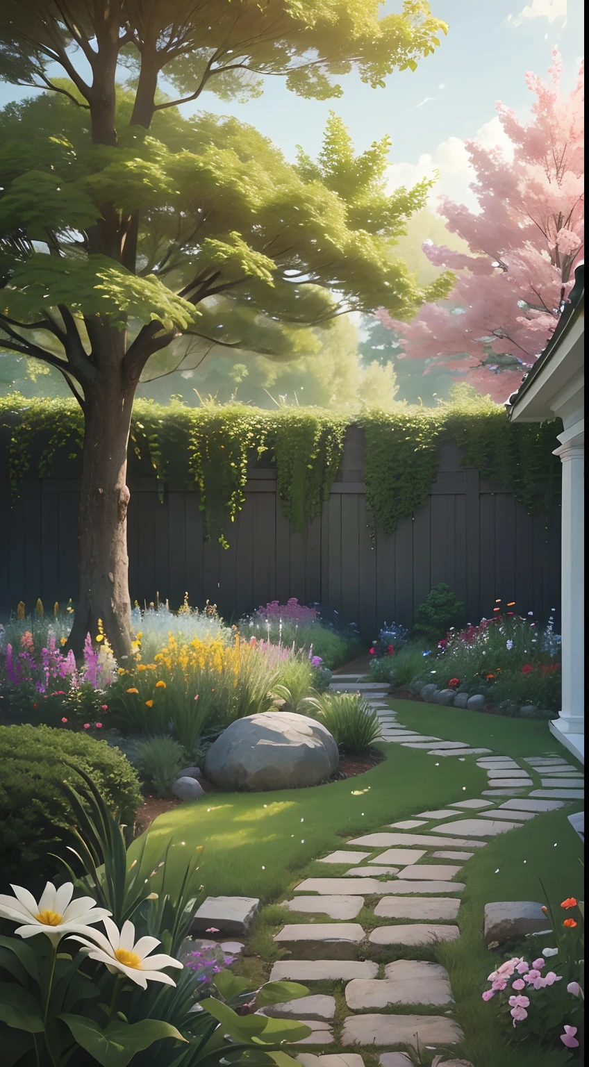a serene garden, with a focus on the small joys in life that Epicurus mentioned, such as flowers, trees and a peaceful environment.