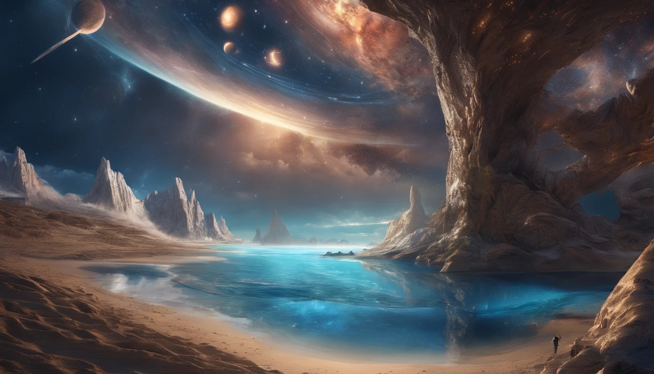 huge planet, the night, starrysky, surrealism, masutepiece, hight resolution、Impressive Milky Way:1.9、sand beach、Vast blue ocean、Blue glacier、lightning bolt:1.9、Protoplanets