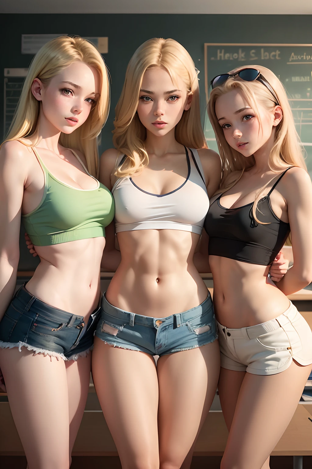 3 girls, blonde , small waist, skinny, classroom, small croc top, sexy shorts, string out of the shorts, teasing, realistic, c cup, D cup, big breast, dick in shorts, open shorts, stocking,