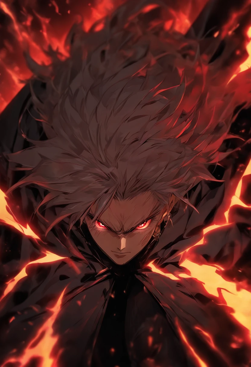 foreshortening,  Depth of field, Masterpiece, Best quality, 1boys, White mullet head, Dark red eyes, background inside dark, fluorescence, Solo, Mature male，Black cape jacket