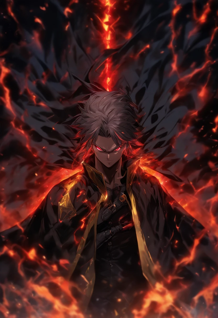foreshortening, Depth of field, Masterpiece, Best quality, 1boys, White mullet head, Dark red eyes, background inside dark, fluorescence, Solo, Mature male,Black cape jacket
