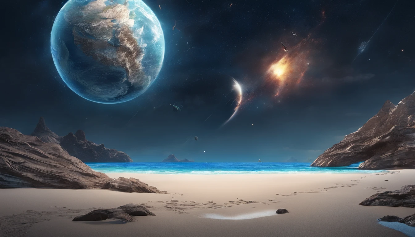 huge planet, the night, starrysky, surrealism, masutepiece, hight resolution、Impressive Milky Way:1.9、sand beach、Vast blue ocean、Blue glacier、lightning bolt:1.9、Protoplanets