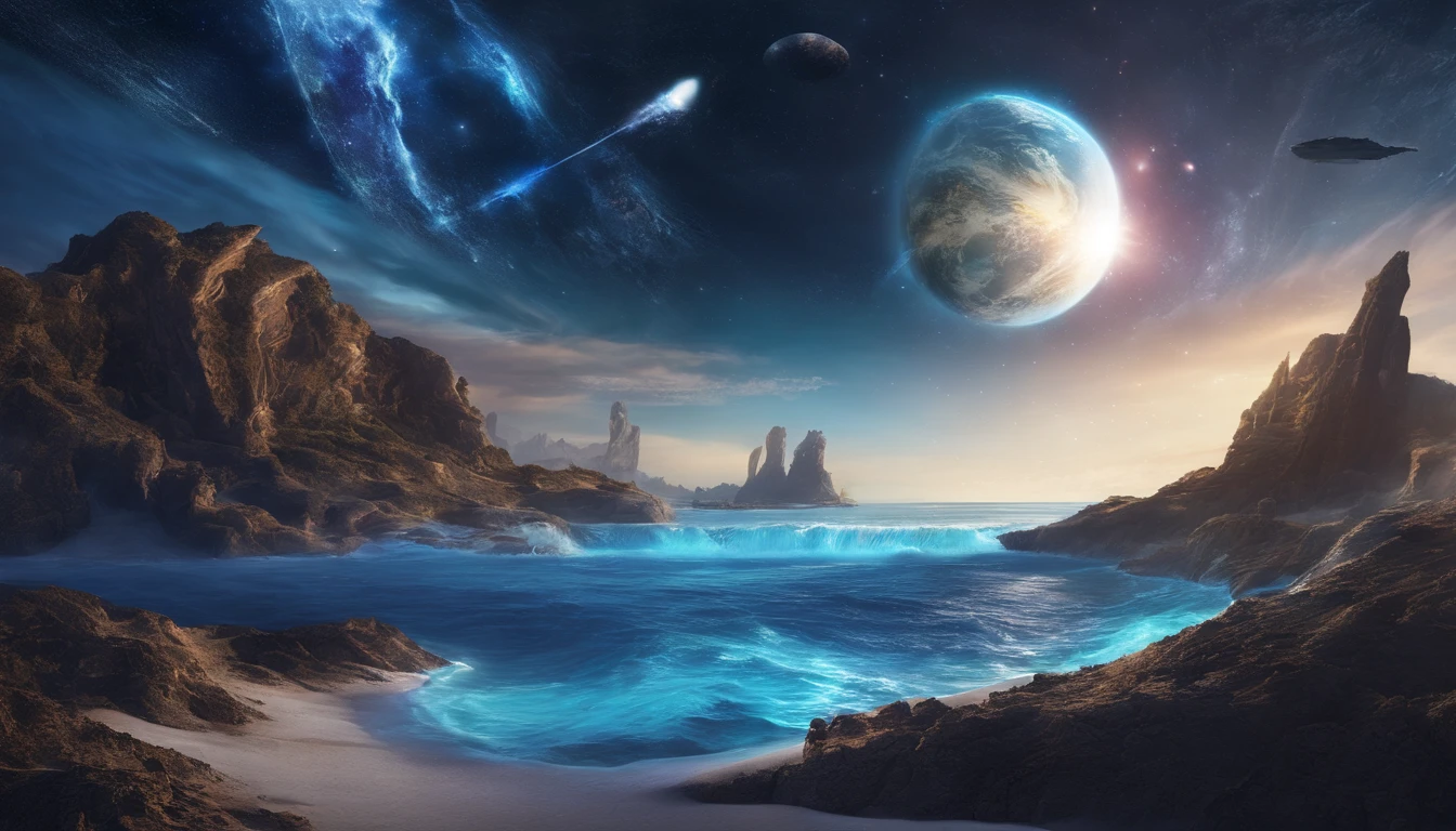huge planet, the night, starrysky, surrealism, masutepiece, hight resolution、Impressive Milky Way:1.9、sand beach、Vast blue ocean、Blue glacier、lightning bolt:1.9、Protoplanets