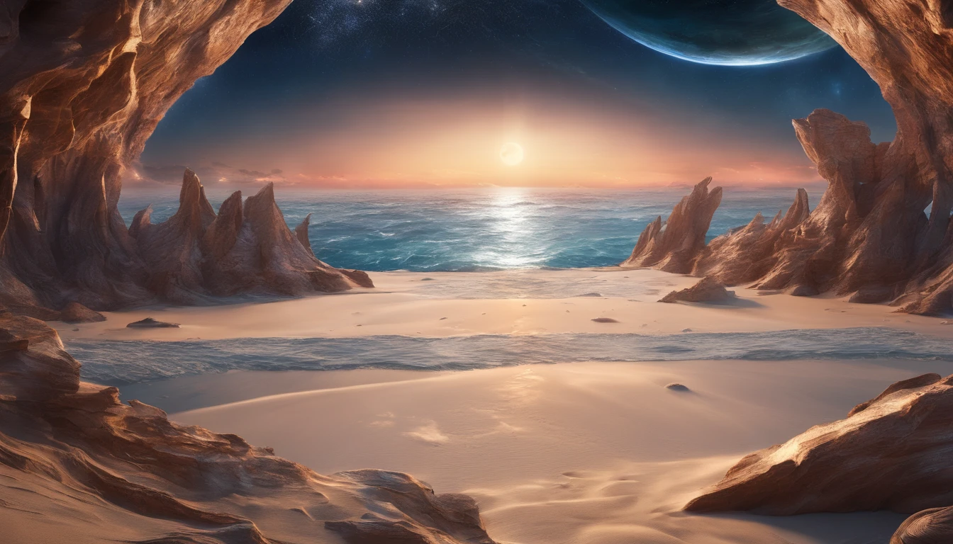 huge planet, the night, starrysky, surrealism, masutepiece, hight resolution、Impressive Milky Way:1.9、sand beach、Vast blue ocean、Blue glacier、lightning bolt:1.9、Protoplanets