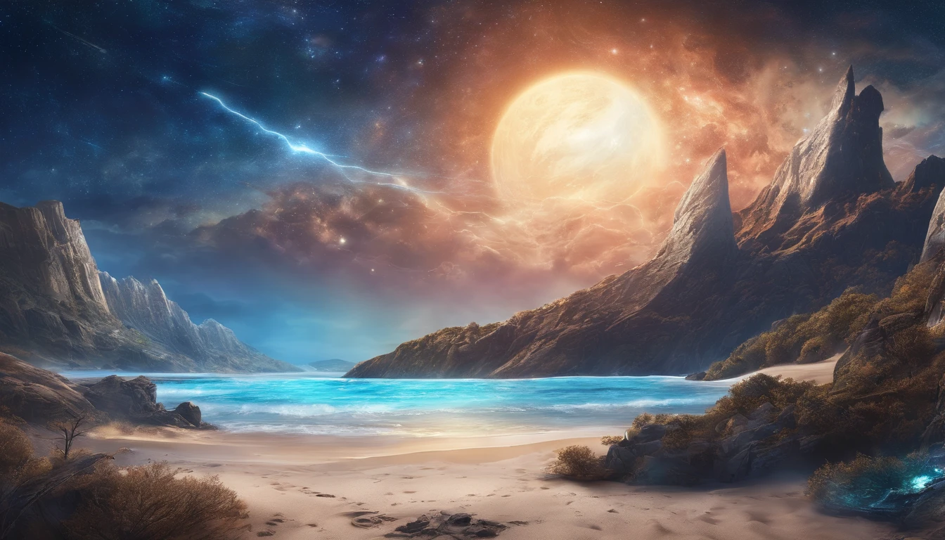 huge planet, the night, starrysky, surrealism, masutepiece, hight resolution、Impressive Milky Way:1.9、sand beach、Vast blue ocean、Blue glacier、lightning bolt:1.9、Protoplanets