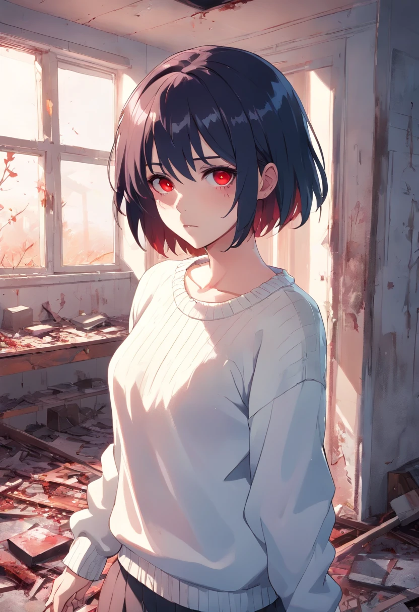 zombie girl ((zombie)), black hair, red eyes, short fur ((chanel hair)), translucent skin ((pale white), abandoned house ((Setting)), wearing a white sweater, ((Manga art) ), (Horror art)).