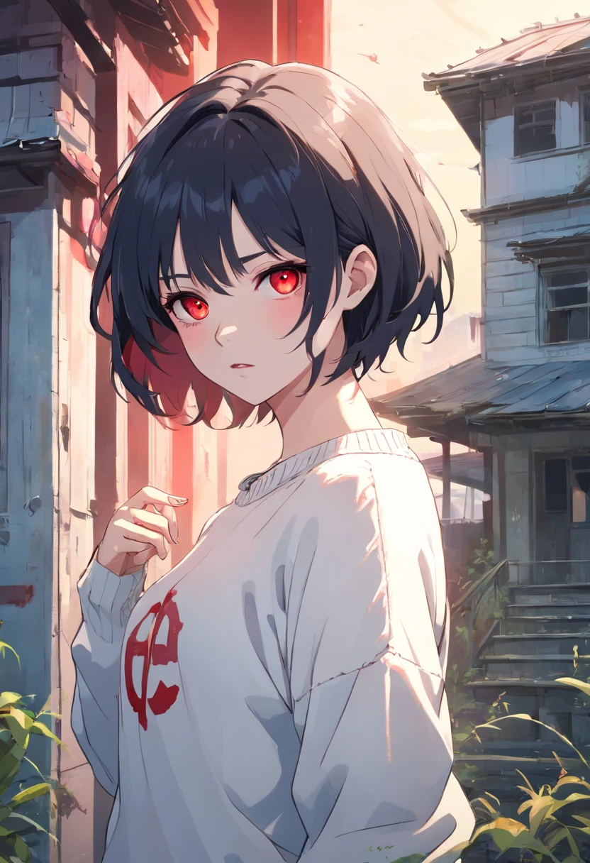 zombie girl ((zombie)), black hair, red eyes, short hair((Chanel hair)), translucent skin (( white pale), abandoned house ((scenary)), wearing a white sweater, ((manga art)), (horror art)).