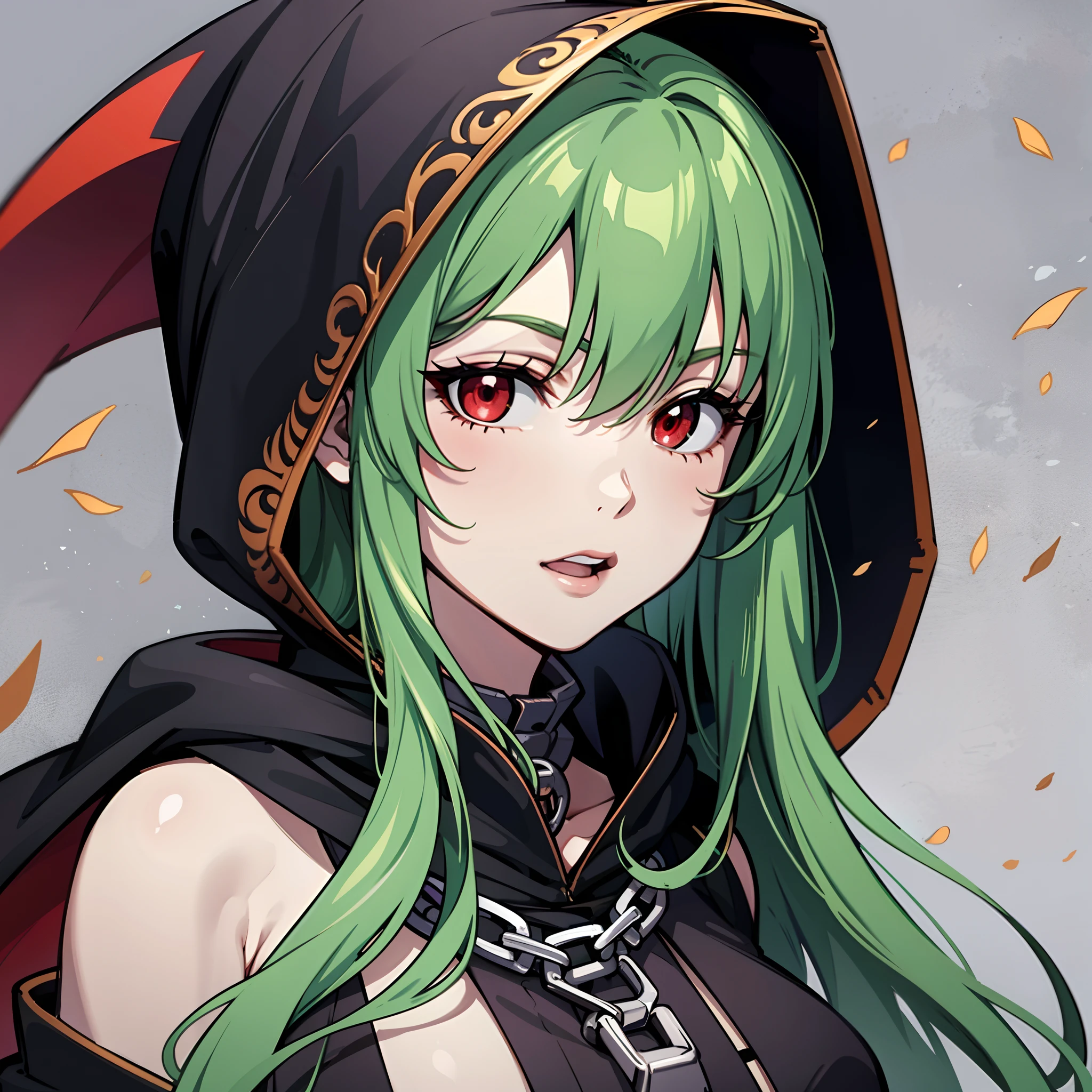 upper body, 1woman, green hair, Long Haired, red eyes, ((witch)), black hood cape, big breats, wallpaper, chain background, leaf particles, ((masterpiece)), ((best quality)), ((Top Quality)), pale white skin, solo,