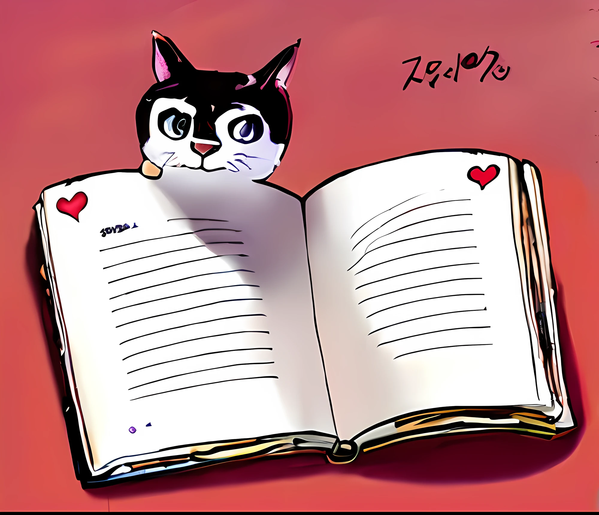 StoneOcean, a notebook with a cat's head, protruding from the top of the left pages, a red heart in the upper outer corner of each page