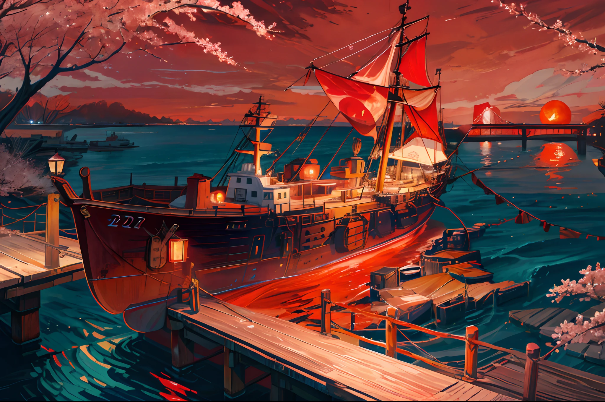 during night, An old marching ship , Sailing, Crimson Moon ,Red cherry blossom tree, River ,high tide,Rock music, calm, fascinating views, Moonshine scent,fascinating views,,Digital painting,Winding,concept-art, illustration,((Light red theme))