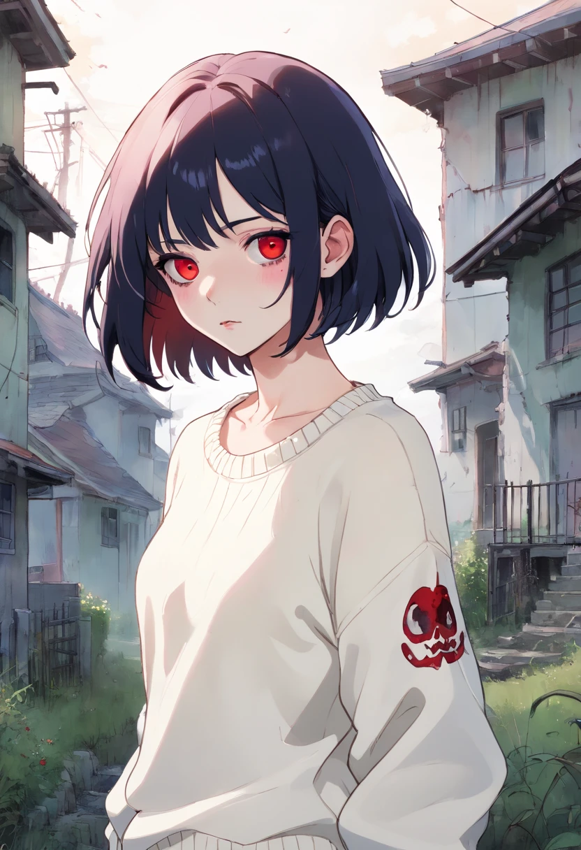 zombie girl ((zombie)), black hair, red eyes, short fur ((chanel hair)), translucent skin ((pale white), abandoned house ((Setting)), wearing a white sweater, ((Manga art) ), (Horror art)).