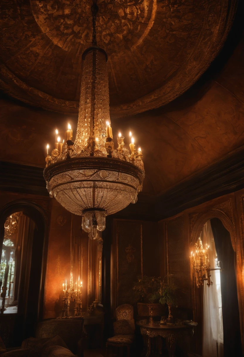 Highlight the details of the chandelier, Emphasis on texture and aging, A setting that evokes a sacred environment