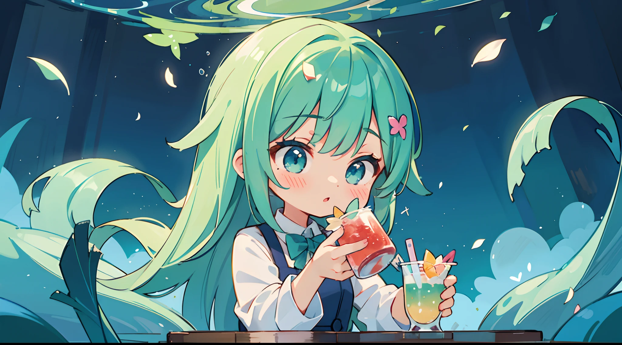 A kawaii girl is pouring a cocktail with a flourish, petals of blue and green cascading around her as she creates a dazzling display.