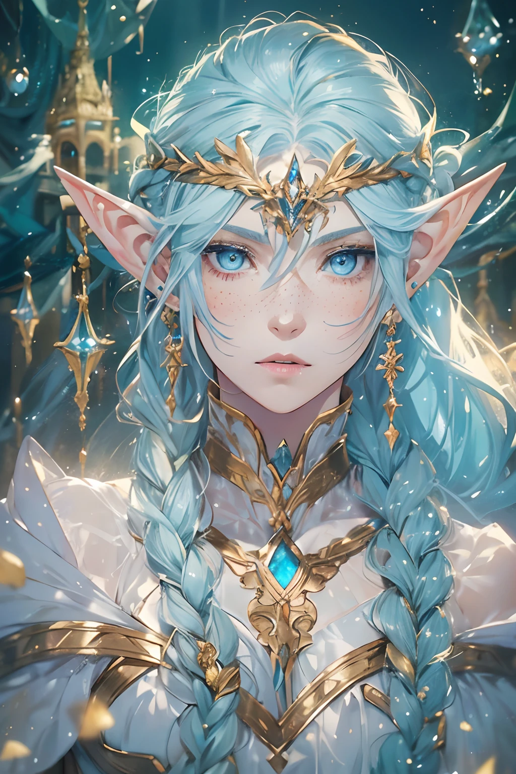 masterpiece, solo, one character, elf, ((pale blue skin)), long hair, (((braided hair))), heterochromia, ((blue and gold eyes)), freckles, pointy ears, looking at camera, best quality, magical theme, fantasy theme, androgynous, male, earrings, intricate clothing, ((royalty theme)), magic, crystals, water droplets