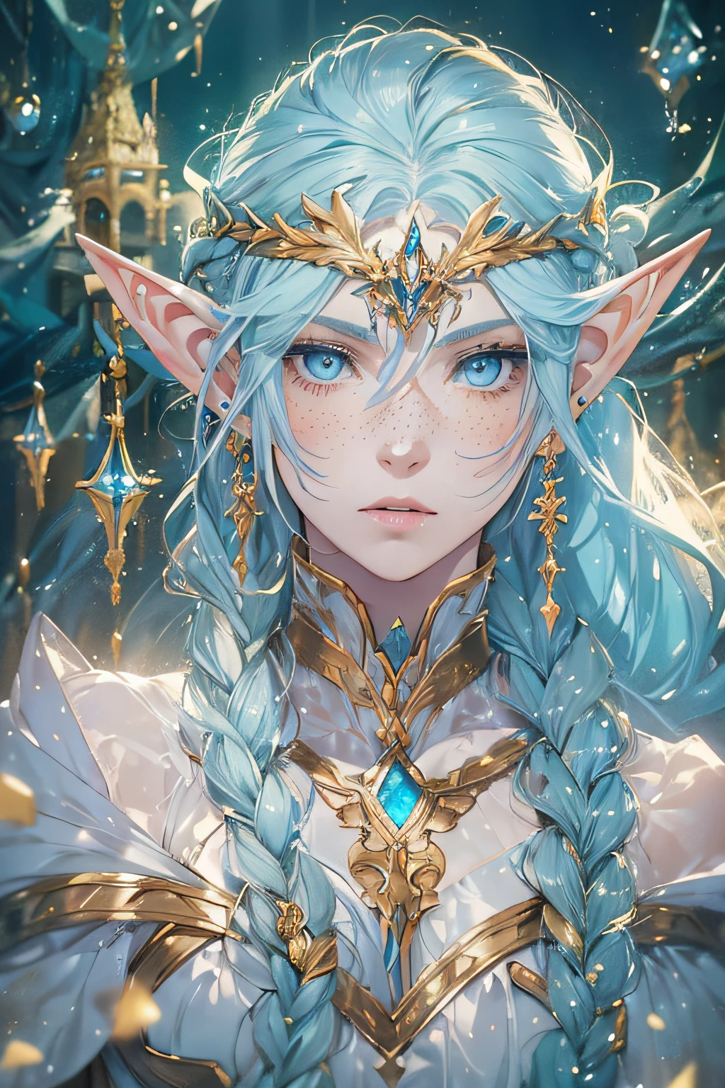 masterpiece, solo, one character, elf, ((pale blue skin)), long hair, (((braided hair))), heterochromia, ((blue and gold eyes)), freckles, pointy ears, looking at camera, best quality, magical theme, fantasy theme, androgynous, male, earrings, intricate clothing, ((royalty theme)), magic, crystals, water droplets