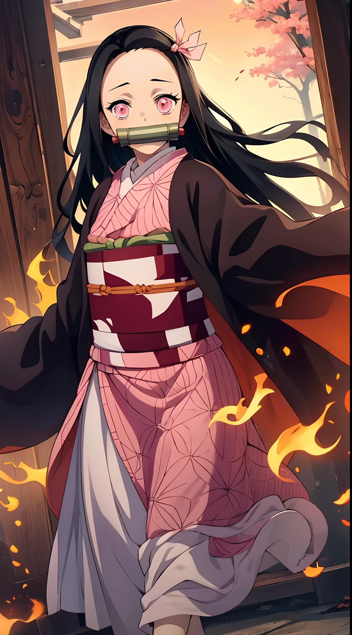 Nezu furnace, Nezuko Kamado, Bamboo, (bit gag:1.5), 1:1,Chibi,Black hair, (Forehead:1.5), gag, Gagged, Hair Ribbon, Long hair, multicolored hair, (Pink eyes:1.5), Orange hair, Slit pupils, Wavy Hair, Two-tone hair, Break asa is not (Pattern), Checkered sash, haori, komono, Kimono, Long sleeves, Obi, Pink kimono, sash, wariza, Wide sleeves, BREAK looking at viewer, Break indoors, BREAK (masutepiece:1.2), Best Quality, High resolution, Unity 8k壁纸, (Illustration:0.8), (Beautiful detailed eyes:1.6), extra detailed face, Perfect Lighting, extremely details CG, (Perfect hands, Perfect Anatomy), small detail