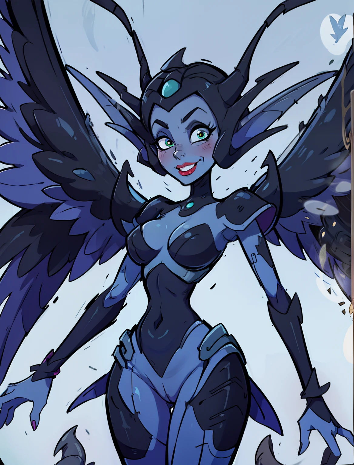 a close up of a woman in a blue costume with wings, alien queen, blue djinn, insectoid, blue tiefling, space insect android, hyperdetailed fantasy character, epic 3d yemaya, beautiful succubus, goddess. extremely high detail, ne zha from Smite, changelingcore, infernal nymph!!!, from Starcraft, evil seductive smile