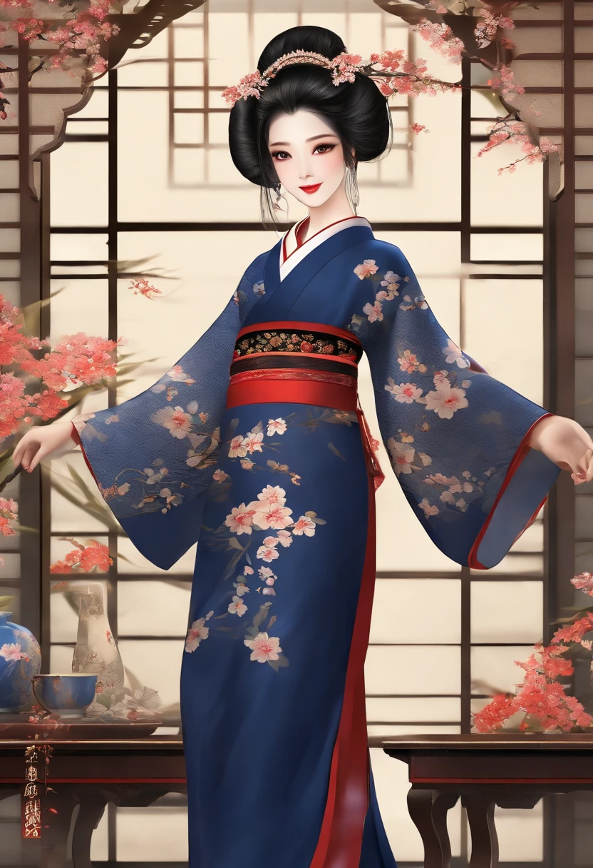 sthey wear(s) a kimono with a shade of dark blue(delicate pattern),black hair,great smile,traditional japanese clothing(very detailed and complex pattern).,best quality,highres,ultra-detailed,physically-based rendering,professional portrait,vivid colors,dramatic lighting