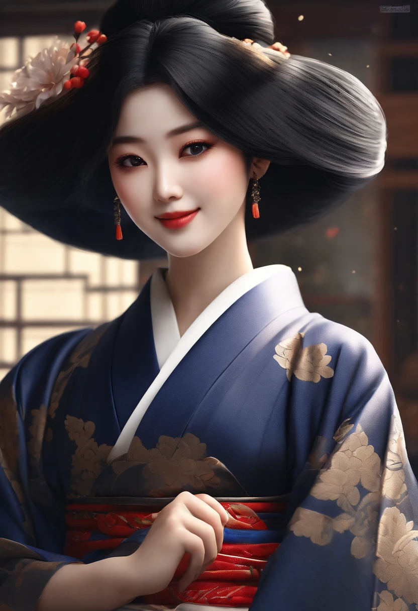 sthey wear(s) a kimono with a shade of dark blue(delicate pattern),black hair,great smile,traditional japanese clothing(very detailed and complex pattern).,best quality,highres,ultra-detailed,physically-based rendering,professional portrait,vivid colors,dramatic lighting