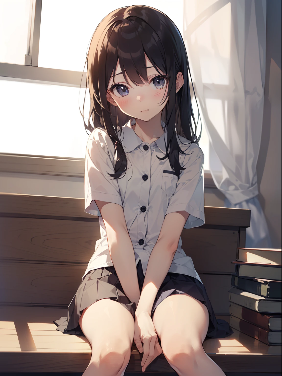 petite, solo, 6yo, looking at viewer, blush, nervous, embarrassed, short sleeves, bare arms, bangs, pure white short socks, brown loafers, pure white pantyhose, brown loafers, reclining