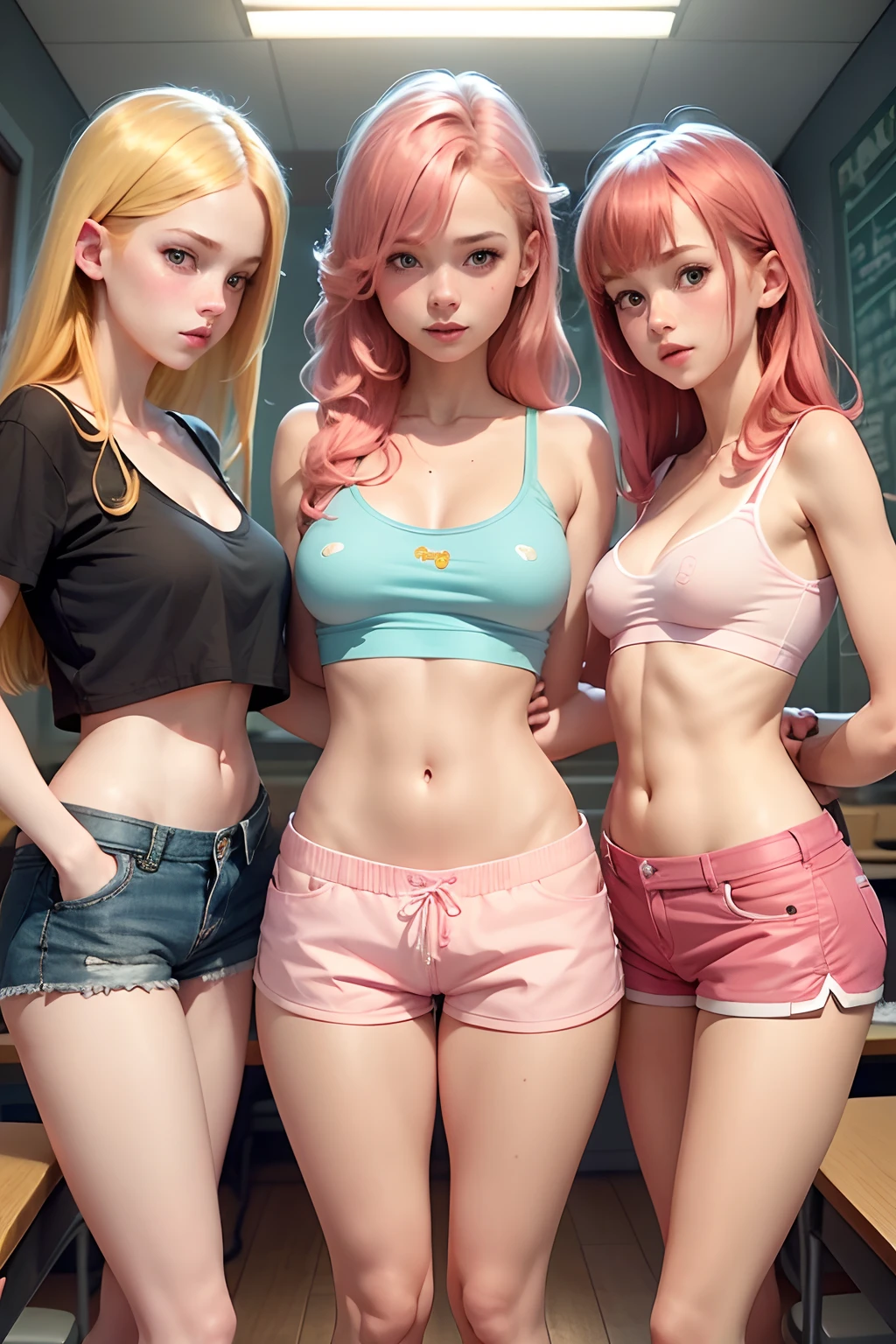 3 girls, teen, skinny waist, x-small ass, lay in bed, tiny bikini white pink blue striped tiny triangle, underboobs, high socks striped black and white, ginger pink blonde hair, lay in bed in the morning, caressing, pink eyes, realistic, on the back, big boobs,