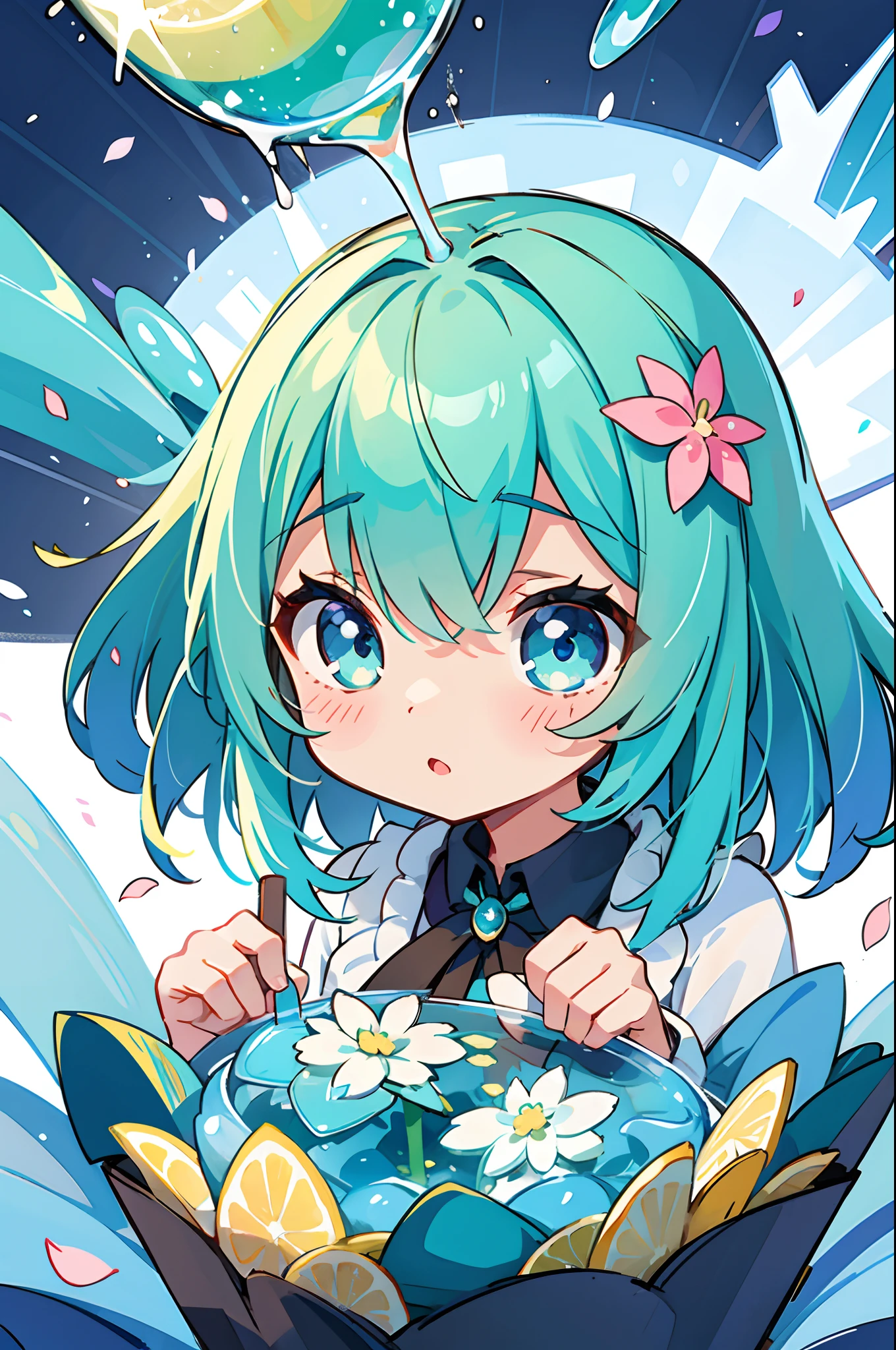 A kawaii girl is pouring a cocktail with a flourish, petals of blue and green cascading around her as she creates a dazzling display.