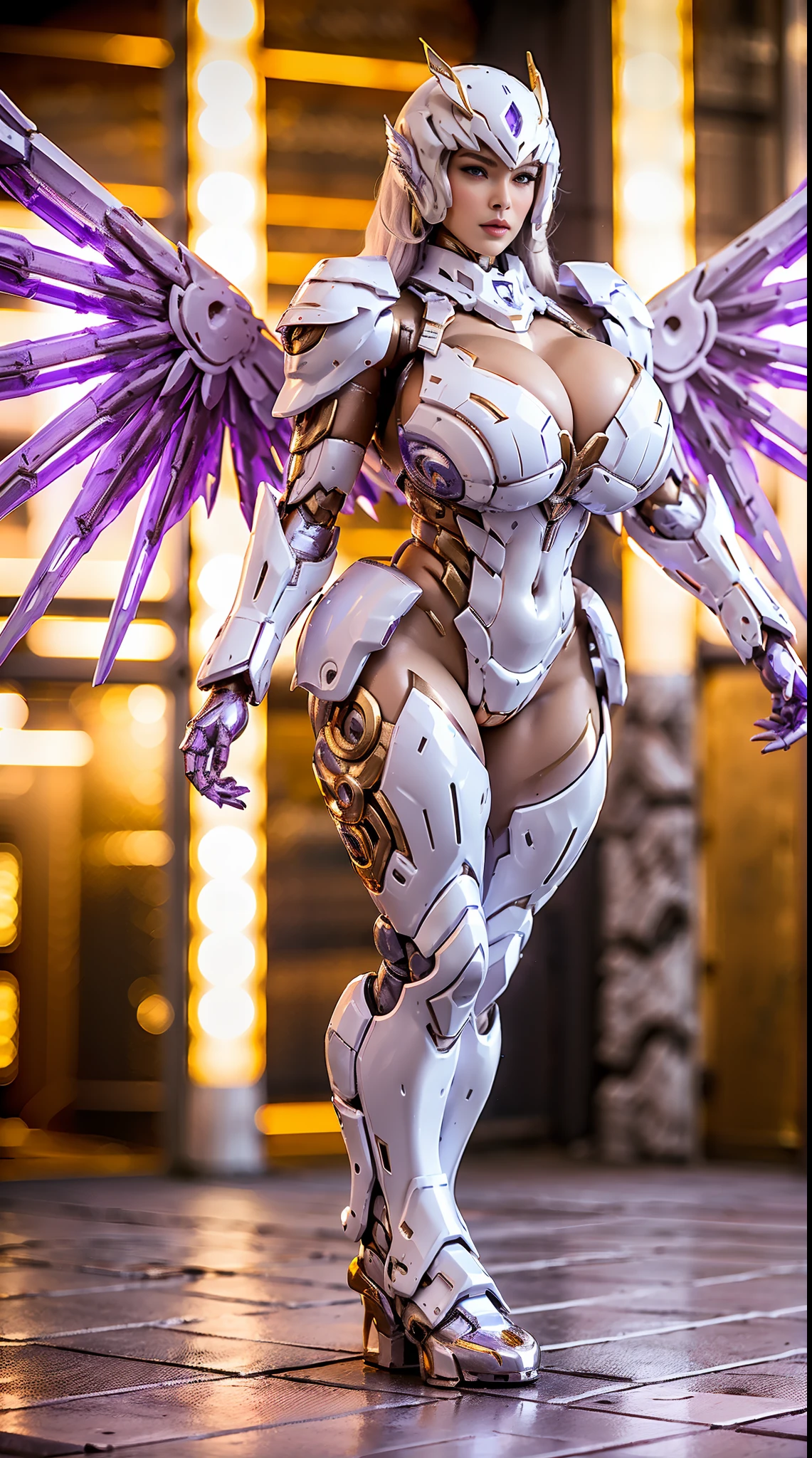 A WOMAN, BEAUTIFULL FACE, HUGE BOOBS, WHITE, GOLD, PURPLE, MECHA ARMOR FULL GEAR, (SUIT), (CLEAVAGE), (A PAIR LARGEST WINGS), (FULL BODY:1), TRANSPARANT, (SEXY TALL LEGS:1), STANDING, (SEXY BODY:1), (MUSCLE ABS:1).