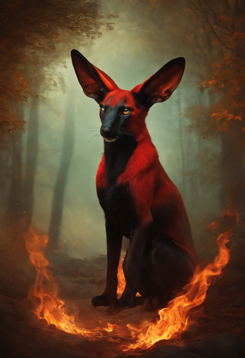 A man of red and black fire with big ears