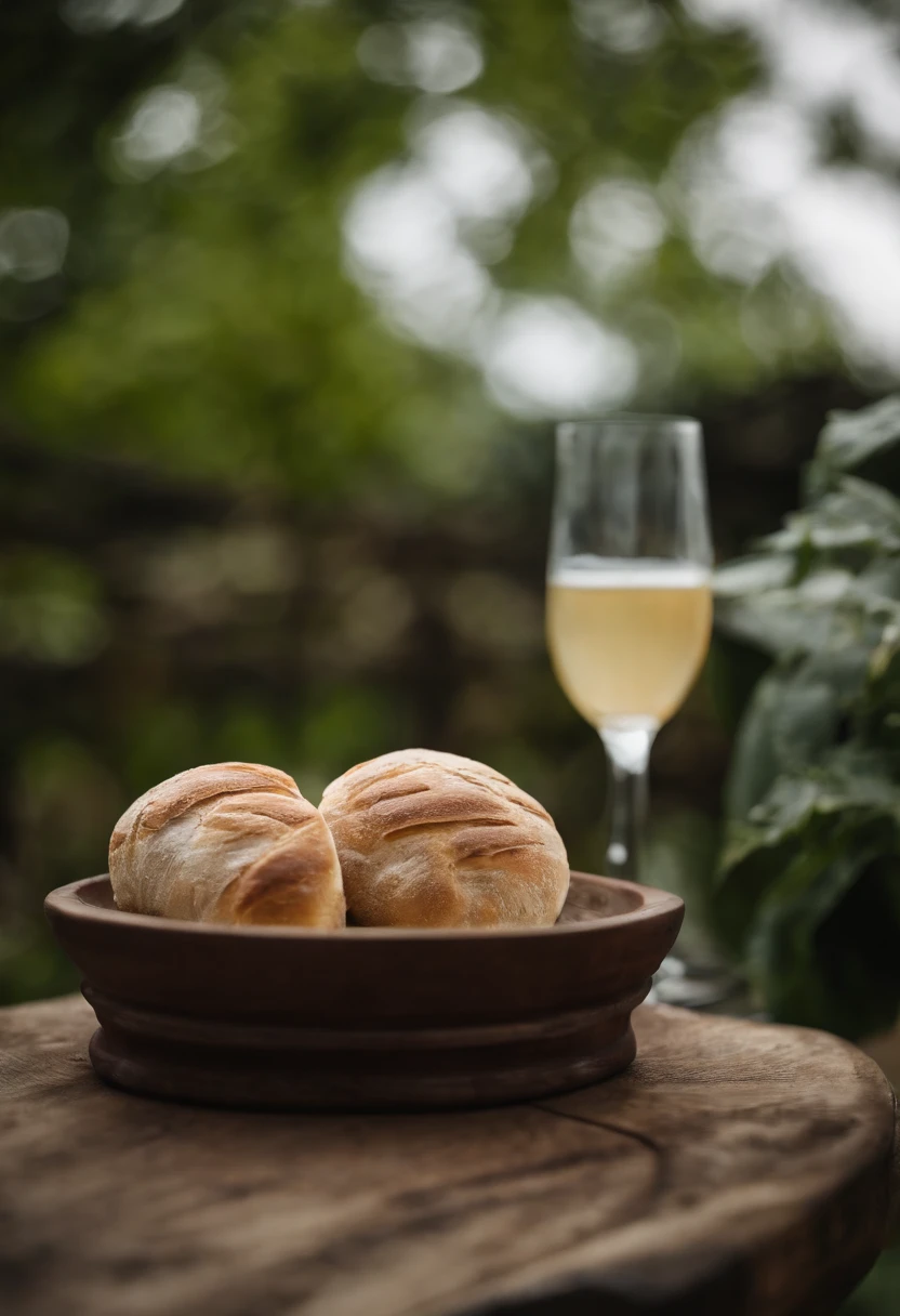 There is bread on the wooden table,Eau,lewd juice,Breakfast food,the fruits,Blue sky and white clouds,Idyllic