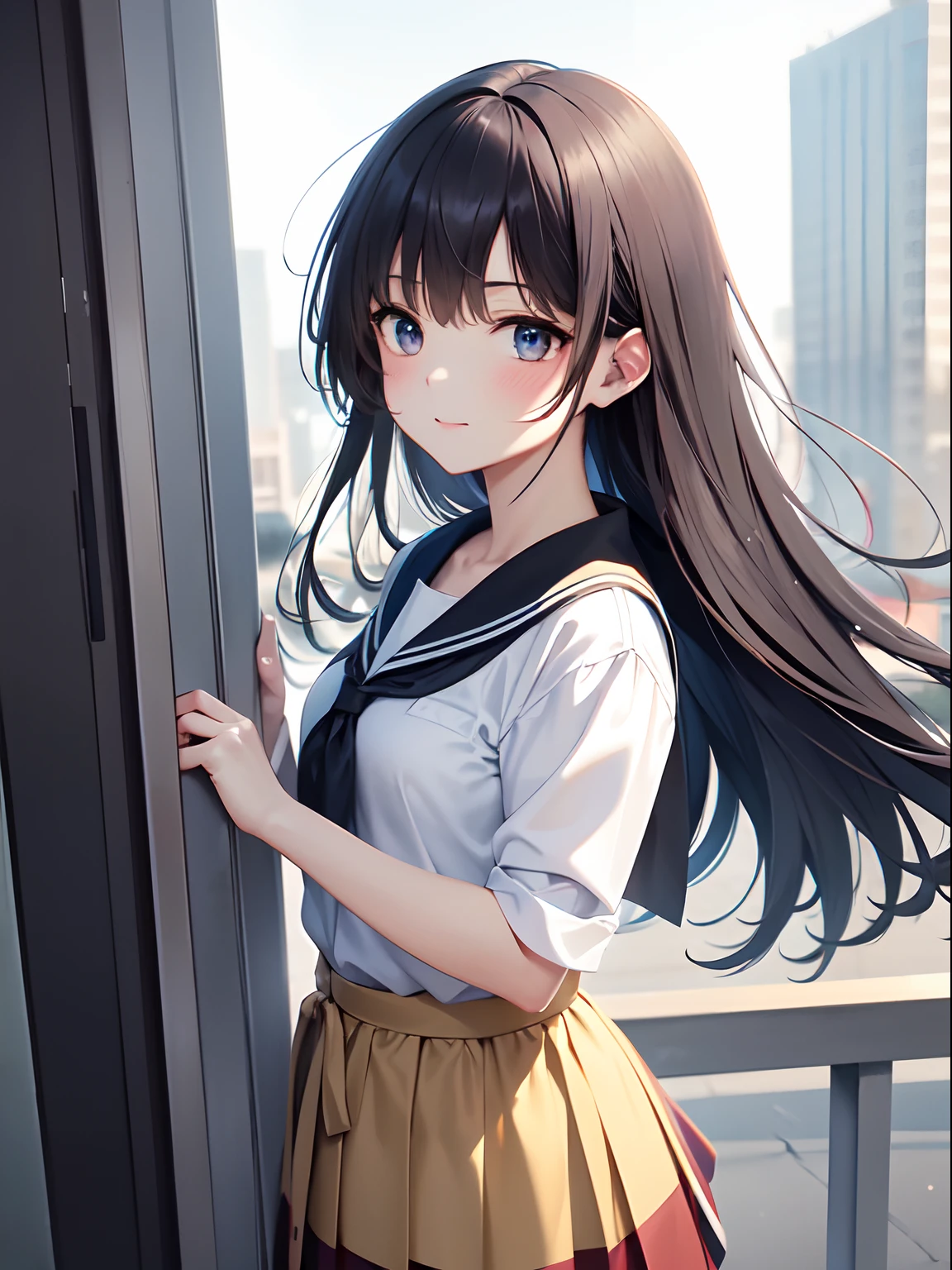 a , female, beautiful and cute, solo character, (black single sidelock hair), bright eyes, gradient eyes, school unifrom, breeze blow,(anime style), (cinematic lighting), (ray tracing), ((reflection light)), ((half-body-shot)), atmospheric perspective, masterpiece, accurate, ((best quality)), high quality, super detail, high details, anatomically correct, highRes, 1080p,