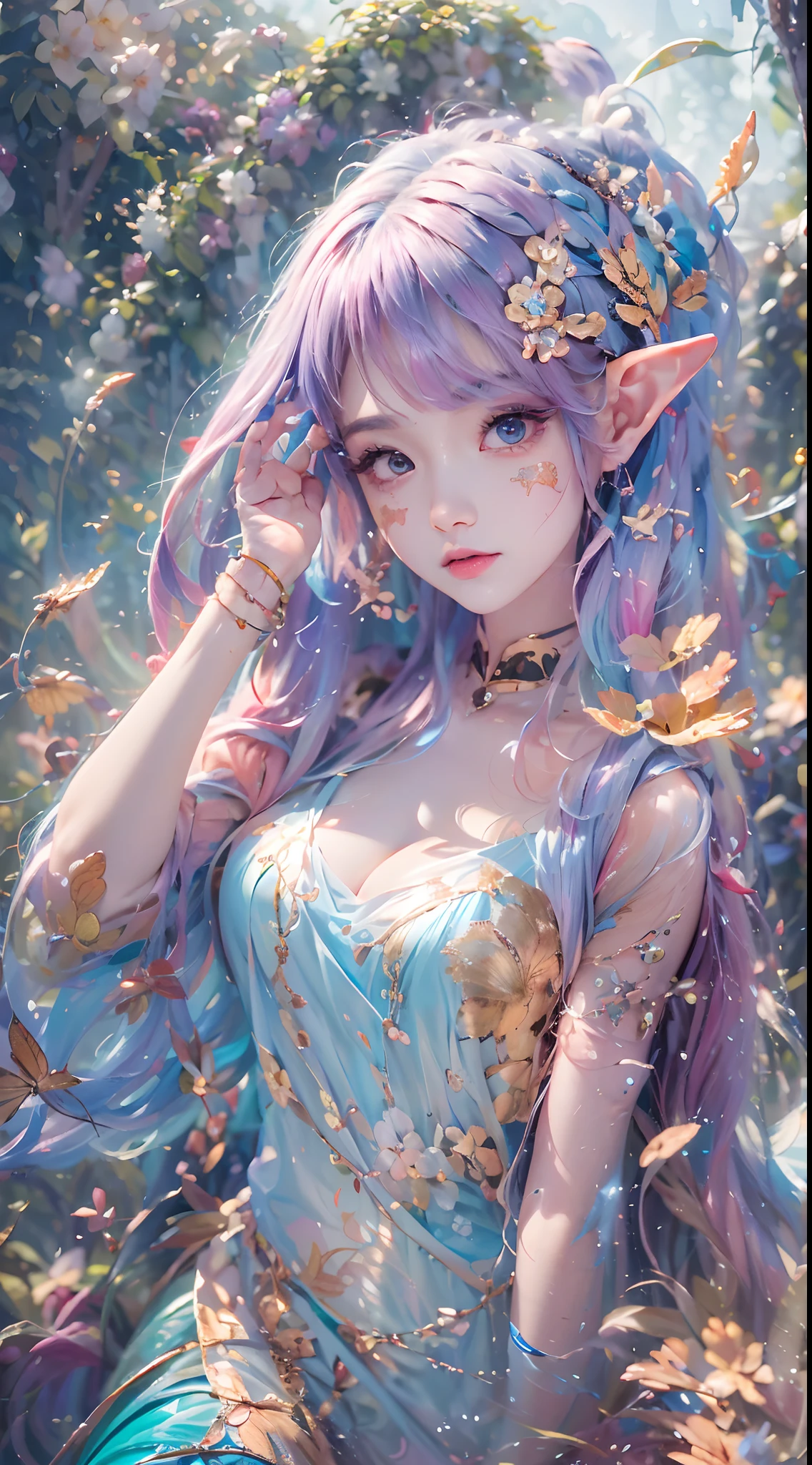 ( Absurd, High quality, Ultra-detailed, Masterpiece, concept-art, smooth, high detail artwork, Hyper-realistic painting , high resolution, paint splatter, colored splashing, Splash of Ink, colored splashing), ((Sweet Chinese girl, Rainbow hair)),elf, Plum elf, plum , Transparent fairy wings, huge tit,low chest,fairytale-like, Romantic, Vivid, Whole body,hand behind back,Malu,largeeyes,(Eye focus),Cosmic eyes,Space eyes,In nature with waterfalls,pureerosface_v1,ulzzang-6500-v1.1,