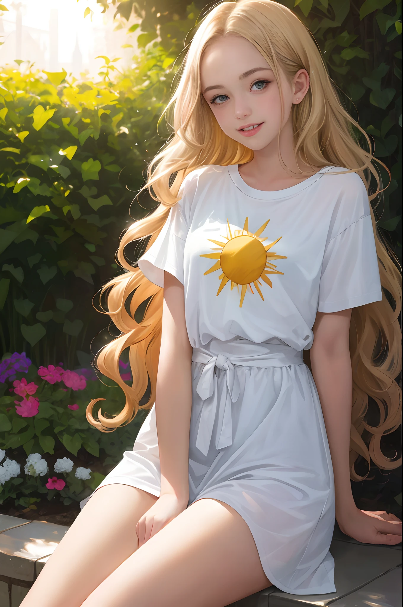 ((European -tee excited girl, large dress-style t-shirt, vagina with small hairs, close-up from thighs to face, photo from below, very light skin, very long hair, wavy hair, blonde hair, garden, sunrise sun, photorealistic, indirect lighting, volumetric light, ray tracing, hyper-detailed, best quality, ultra-high resolution, HDR, 8k