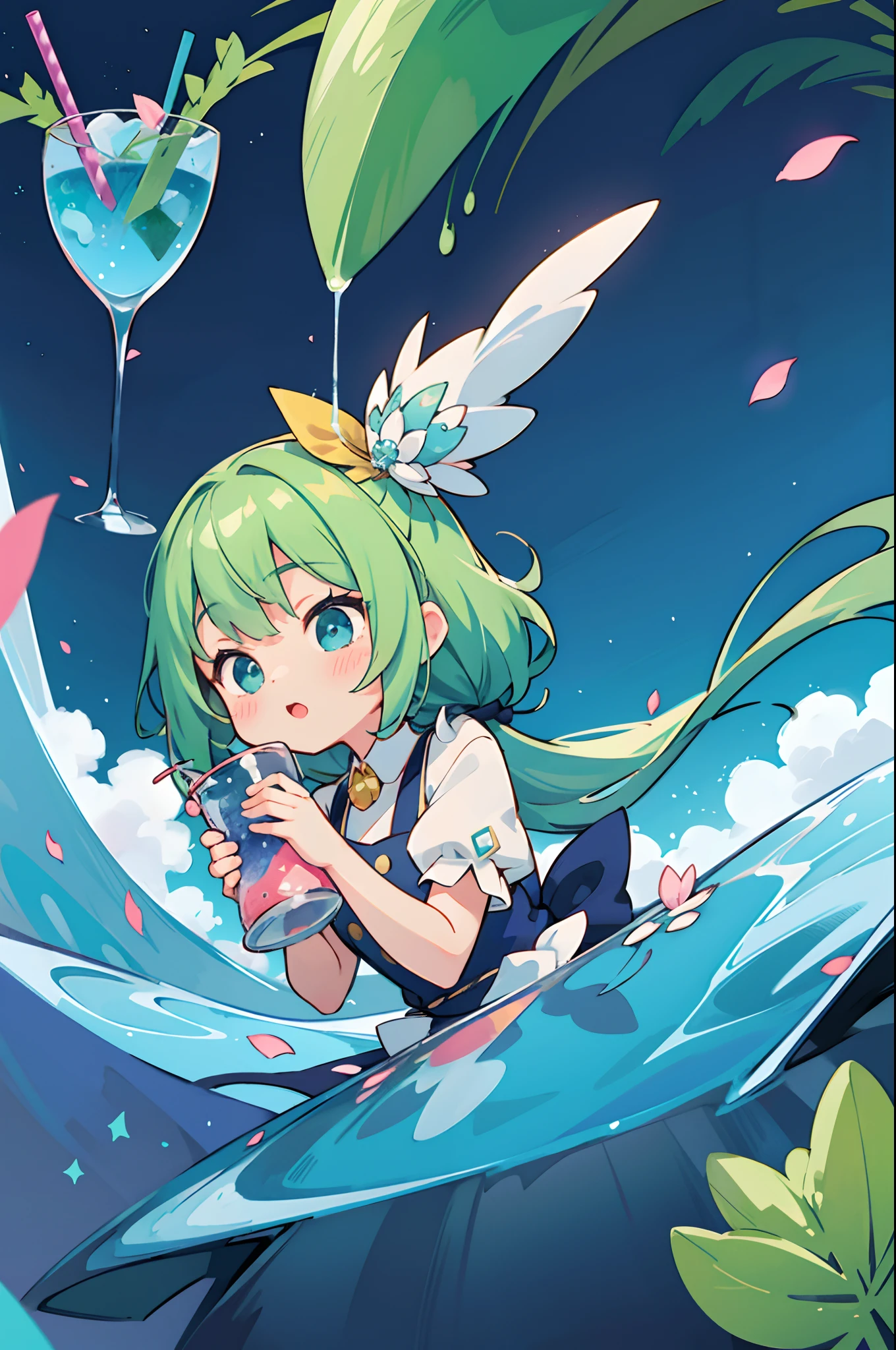 A jelly-filled girl floats around with a parade of big spring rolls.、Amazing dynamism、Amazing Angle、unstable buoyancy sandstorm、((Many friendly oversized green onions floating and branching out))、(((surround each other&#39;The rupture of the)))