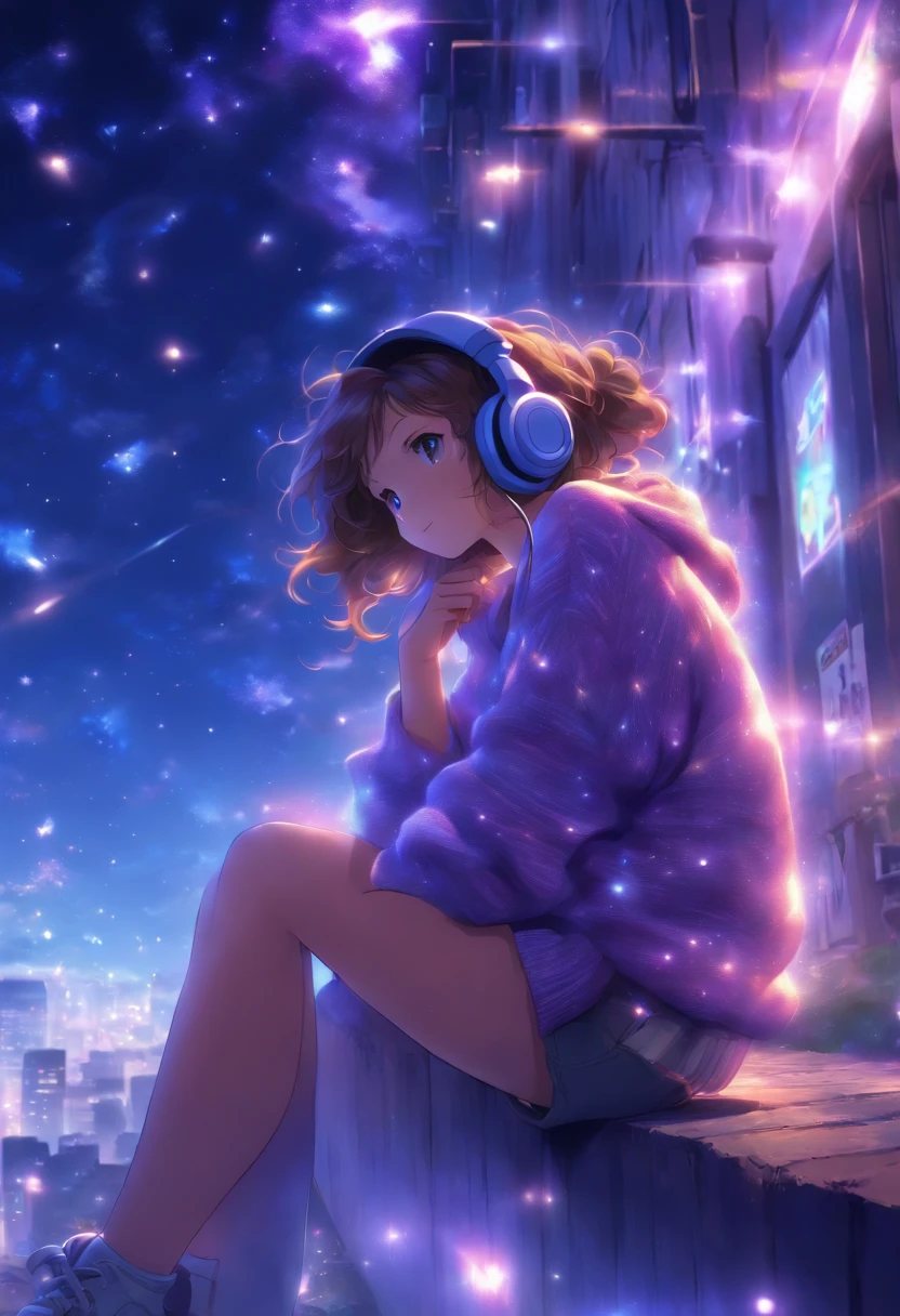 1girl, sitting, purple_sweater, brown_hair, medium_hair, headphones, blue_jean_short, brown_shoes, sitting on wall, low shot, night sky, galaxy,