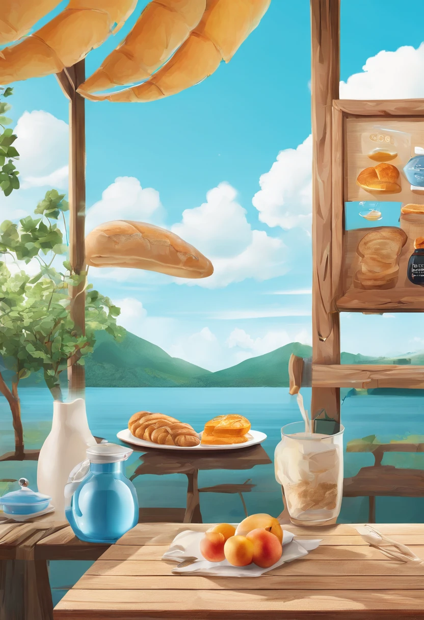 There is bread on the wooden table,Eau,lewd juice,Breakfast food,the fruits,Blue sky and white clouds,Idyllic