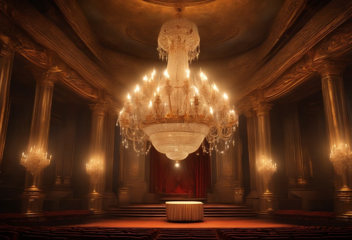 Opera Stage Sparkling Chandelier Highlight chandelier details, Emphasis on texture and aging, An environment that evokes the sacred environment Mystical aura, Vibrant colors, Ethereal Atmosphere, Fantasia, Soft lighting, Whimsical illustrations, surreal scene, Attractive glyphs Long horizontal space