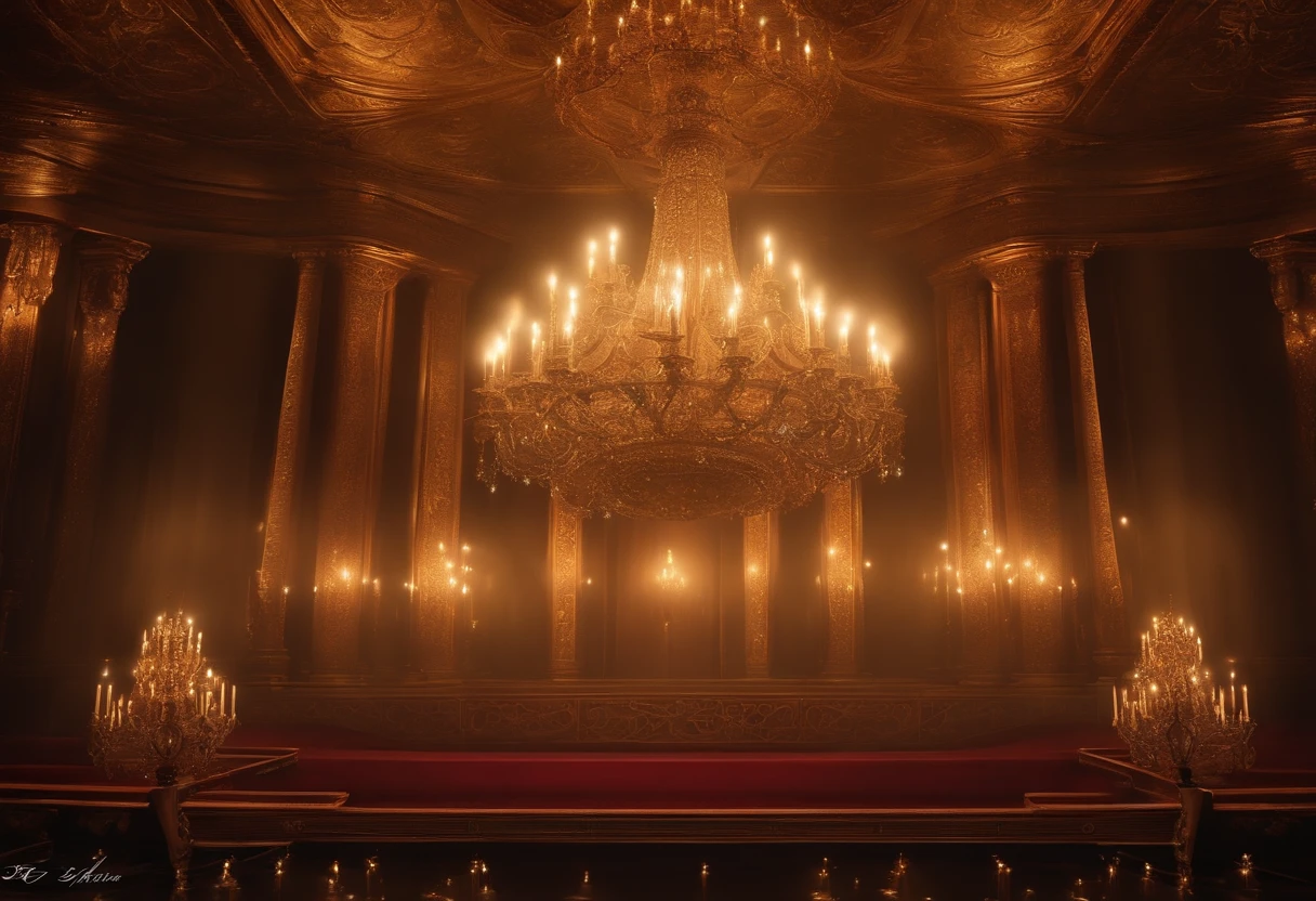 Opera Stage Sparkling Chandelier Highlight chandelier details, Emphasis on texture and aging, An environment that evokes the sacred environment Mystical aura, Vibrant colors, Ethereal Atmosphere, Fantasia, Soft lighting, Whimsical illustrations, surreal scene, Attractive glyphs Long horizontal space