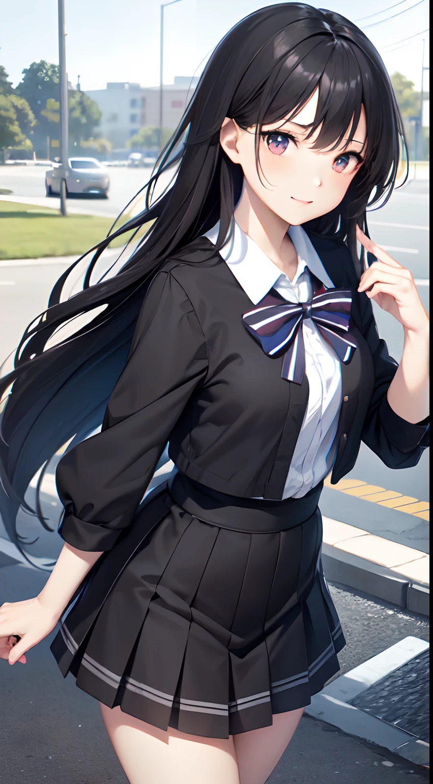 a , female, beautiful and cute, solo character, (black single sidelock hair), bright eyes, gradient eyes, school unifrom, breeze blow,(anime style), (cinematic lighting), (ray tracing), ((reflection light)), ((half-body-shot)), atmospheric perspective, masterpiece, accurate, ((best quality)), high quality, super detail, high details, anatomically correct, highRes, 1080p,