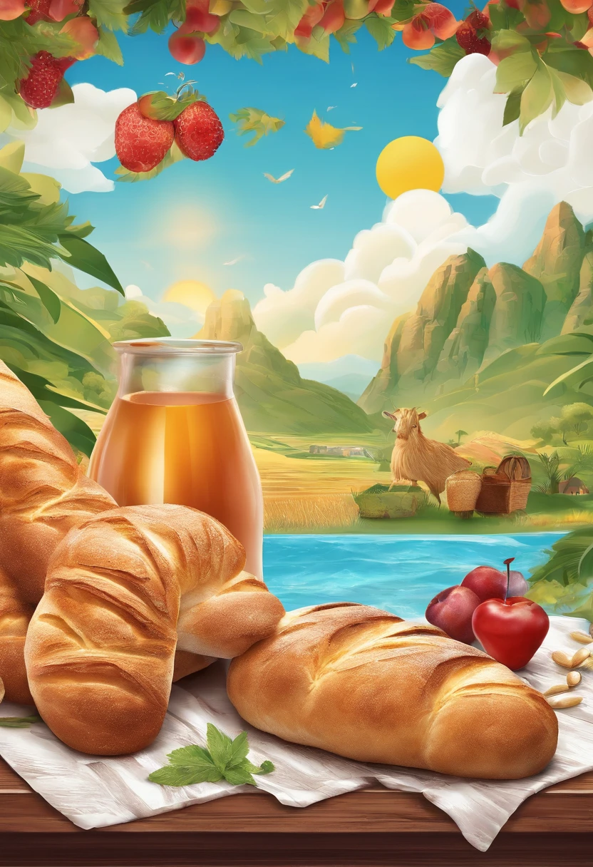 There is bread on the wooden table，Eau，lewd juice，Breakfast food，the fruits，Blue sky and white clouds，Idyllic