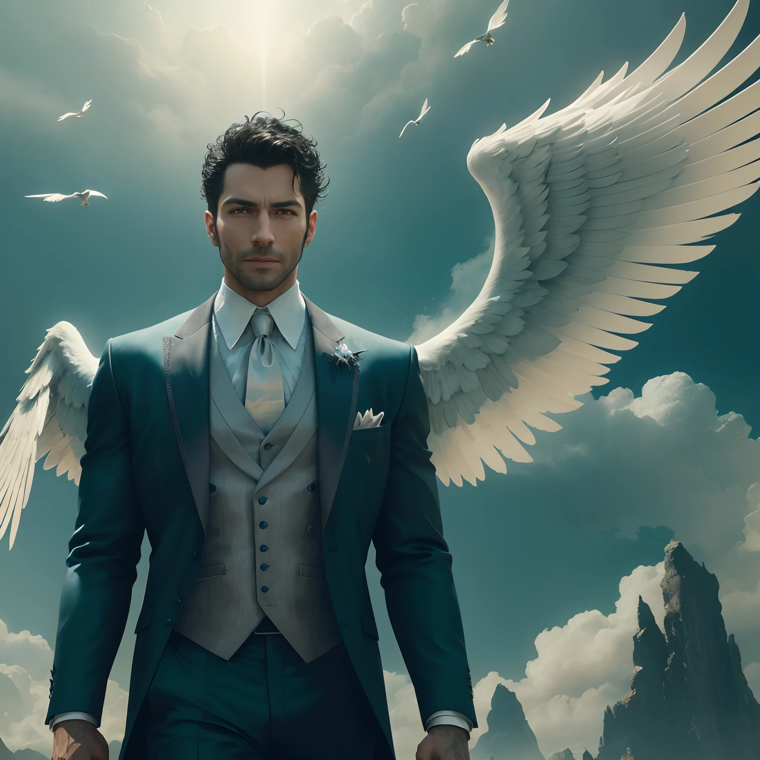 arafed man in a suit with wings in front of a sky, movie promotional image, photo still, 2022 movie, movie poster character, cinematic shot, poster shot, a still of an ethereal, matte painting portrait shot, film promotional still, lucifer the star, film still promotional image, majestic masterpiece, promotional image, angel, fan art
