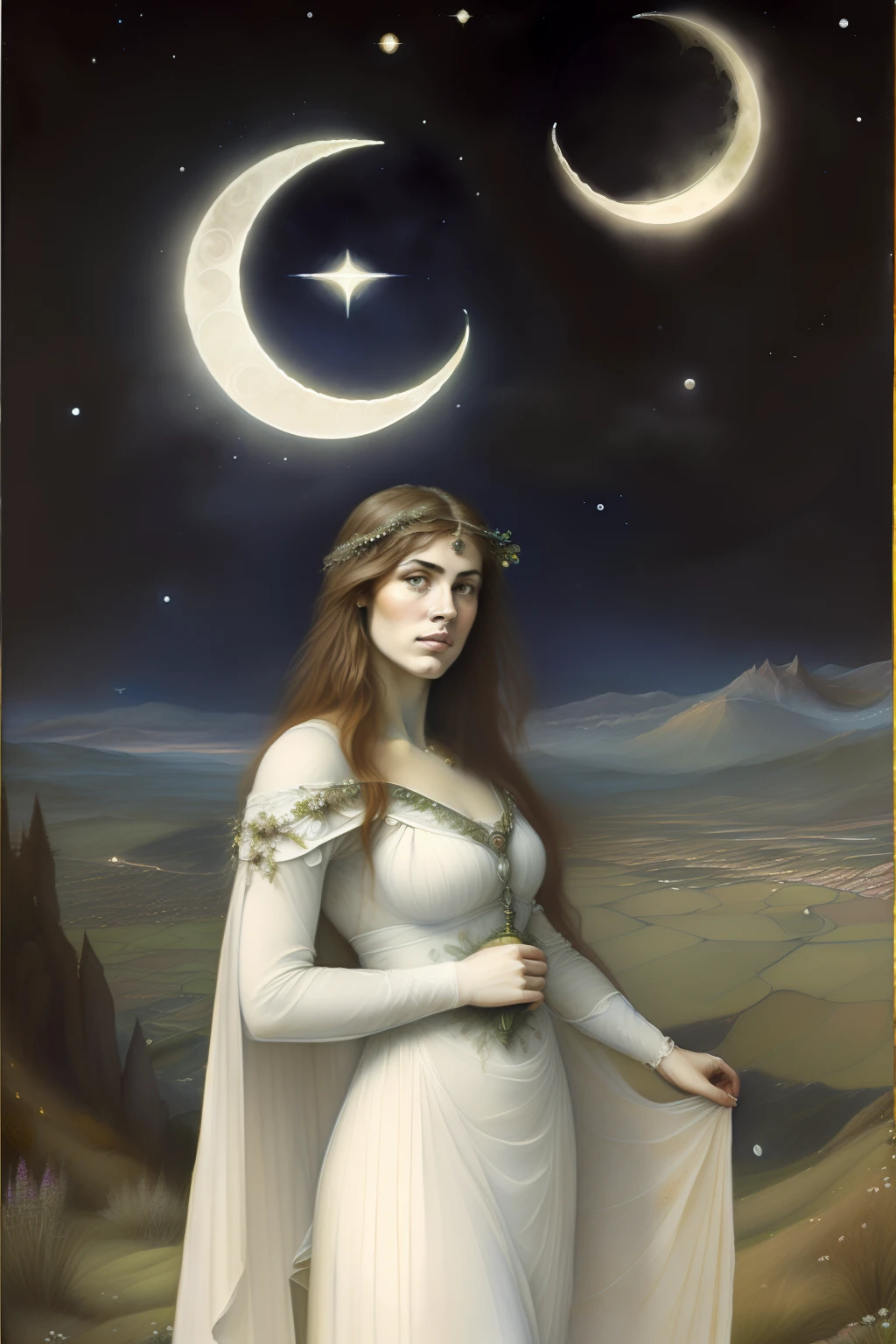 lua crescente (((Pre-Raphaelite painting of a goddess on top of a mountain, Flowing white clothes, Large crescent moon in night sky, paisagem celta, bruxaria, Wicca)))