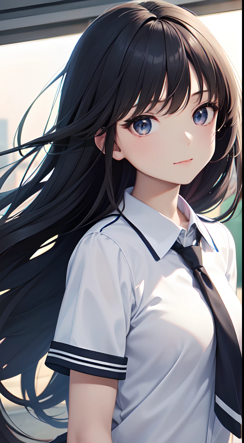 a junior high school student, female, beautiful and cute, solo character, (black single sidelock hair), bright eyes, gradient eyes, school unifrom, breeze blow,(anime style), (cinematic lighting), (ray tracing), ((reflection light)), ((half-body-shot)), atmospheric perspective, masterpiece, accurate, ((best quality)), high quality, super detail, high details, anatomically correct, highRes, 1080p,
