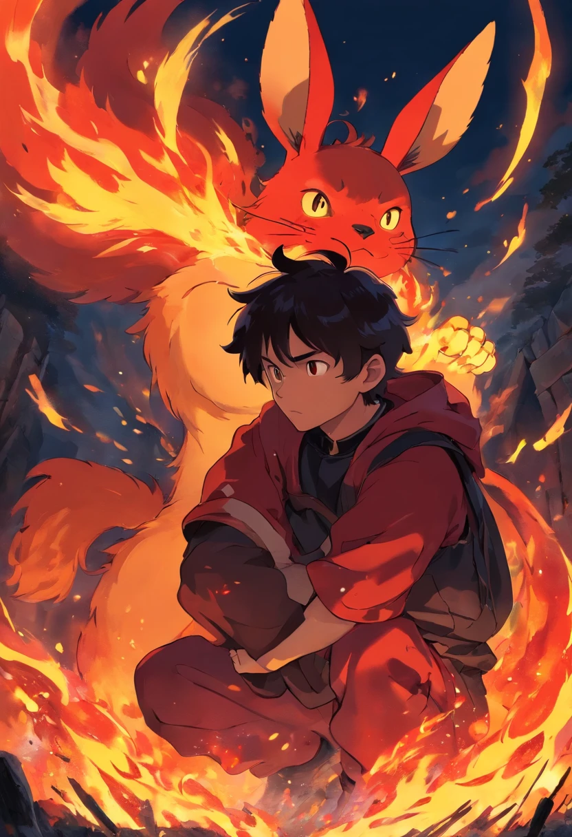 A man of red and black fire with big ears and fire covering his body and he is tired of the battle and preparing to put all his energy out